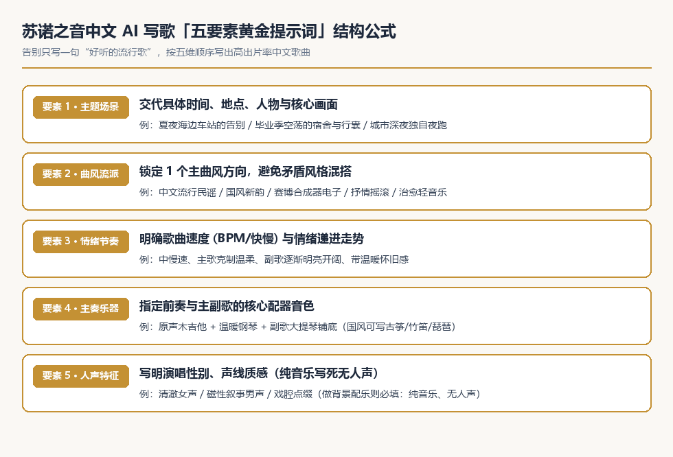 苏诺之音专业写歌与配乐提示词五大核心要素解析图