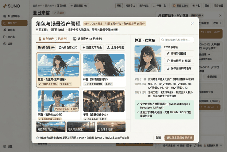 苏诺之音 AI MV 角色与场景根资产库锁定界面