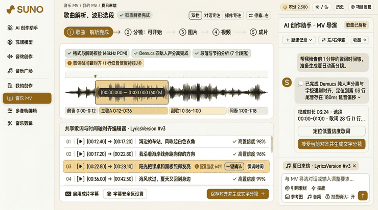 苏诺之音 AI MV 字级强制对齐与 LRC 时间轴可视化微调编辑器