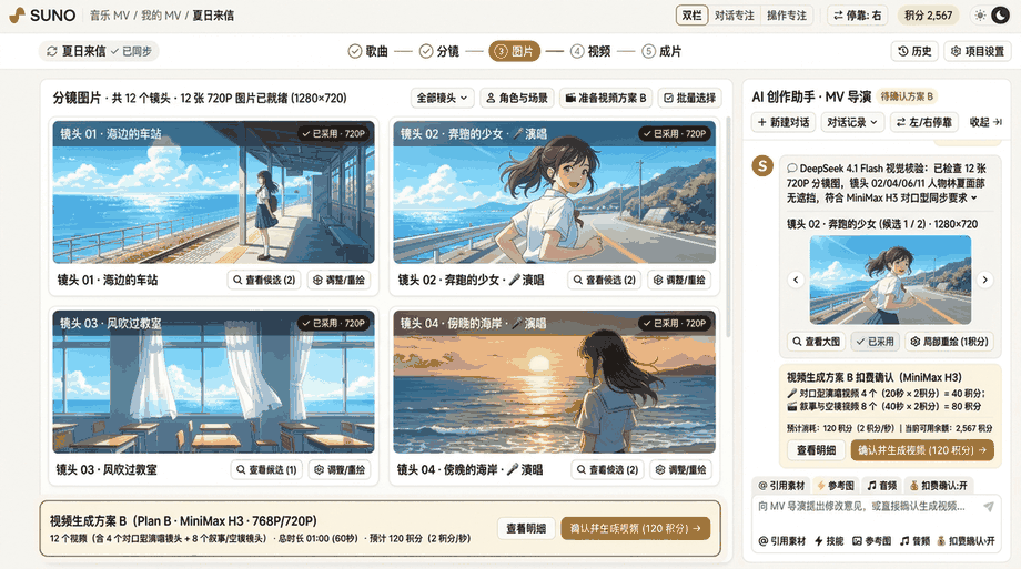 苏诺之音 AI MV 阶段三:基于角色指纹锁定生成的 720P 分镜关键帧序列