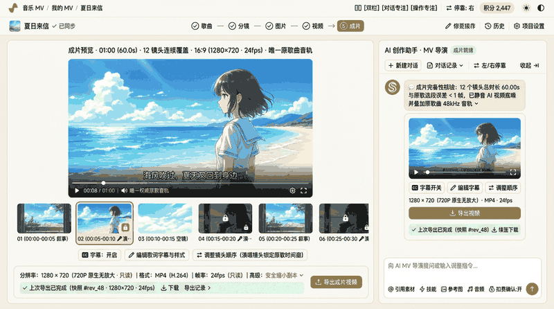 苏诺之音 AI MV 阶段五:成片全屏预览与一键导出弹窗