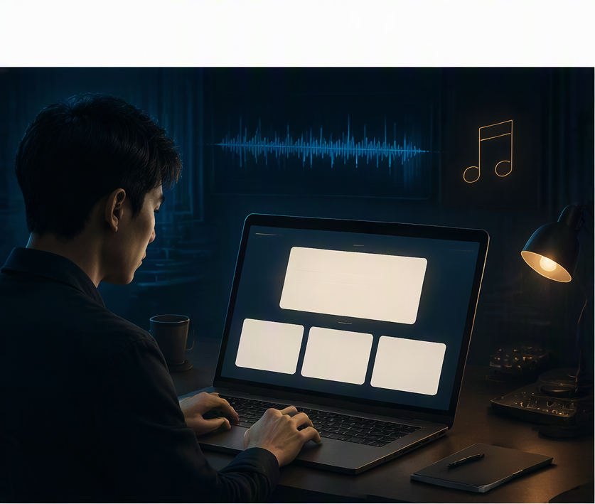 创作者在电脑前整理音乐灵感的 image2.0 原创示意图,非真实产品截图